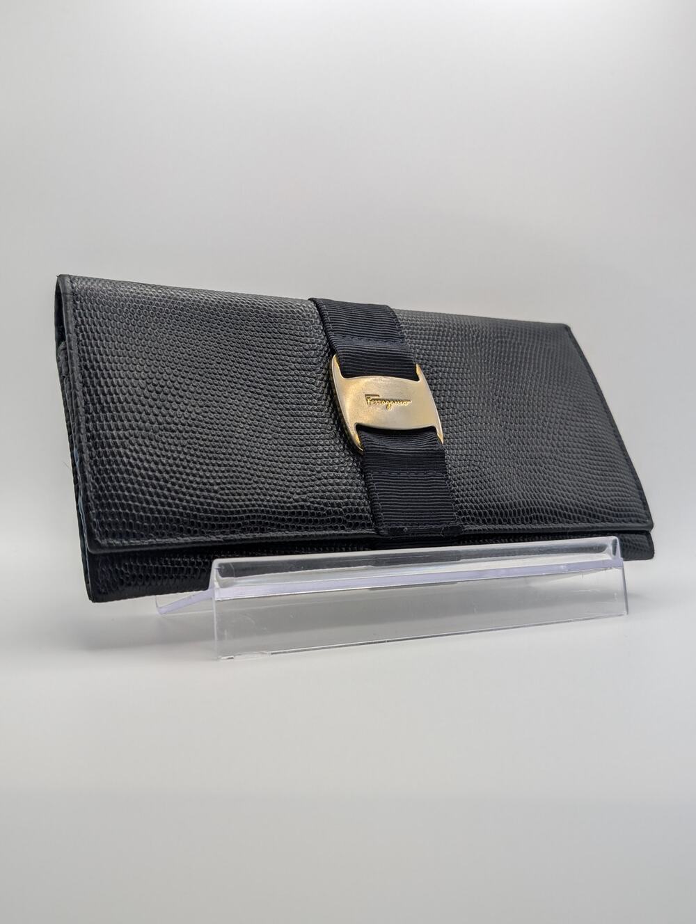 Authentic Salvatore Ferragamo Vara Long Wallet Black Lizard Embossed Gold Bow
